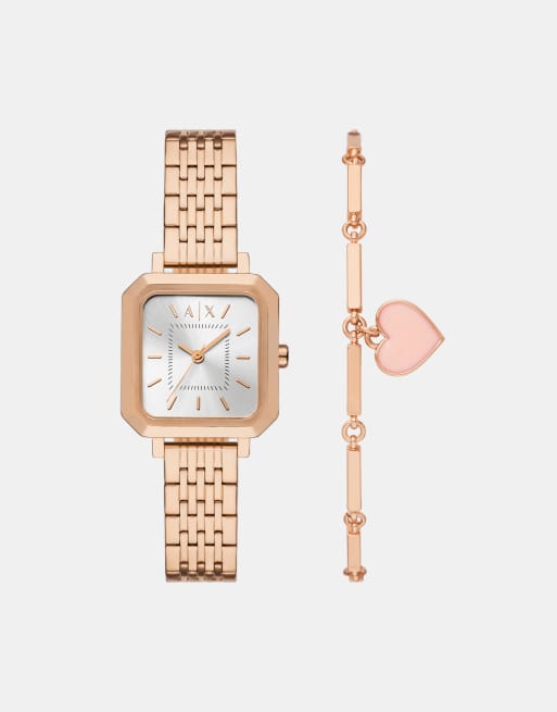 Armani Exchange - Parure montre à trois aiguilles et bracelet en acier inoxydable - Or rose