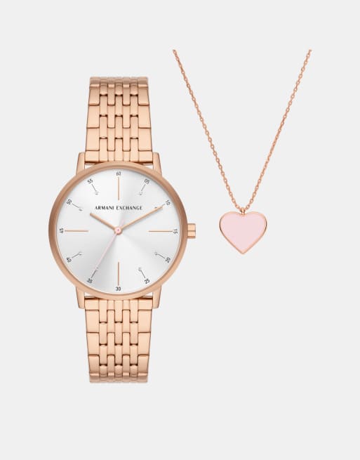 Armani Exchange - Parure montre à trois aiguilles et collier en acier inoxydable - Or rose