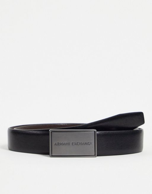 Armani Exchange plaque buckle reversible leather belt in black/brown | ASOS