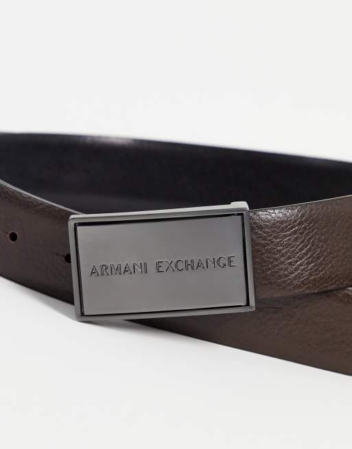 Armani Exchange plaque buckle reversible leather belt in black/brown | ASOS