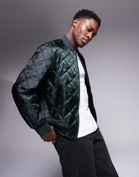 Armani Exchange quitled bomber jacket with logo print in dark green - view 1