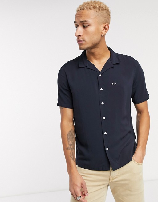 Armani Exchange revere collar contrast logo short sleeve shirt in navy ...