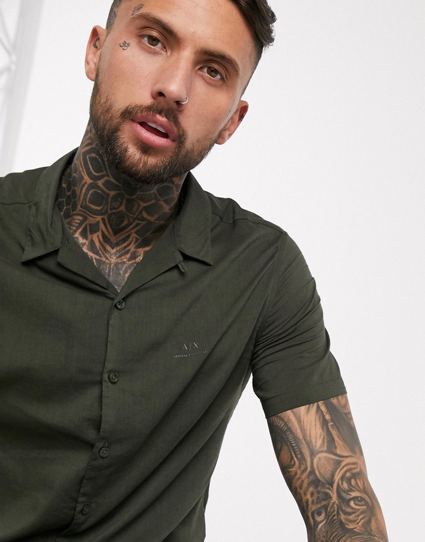 Armani Exchange revere collar shirt with chest logo in khaki-Green