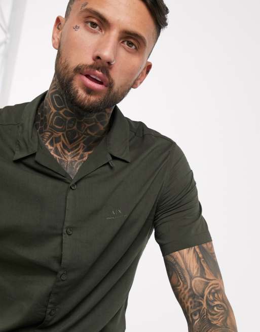 Armani Exchange revere collar shirt with chest logo in khaki ASOS