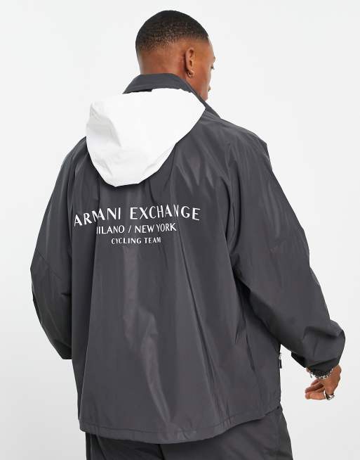 Armani Exchange reversible back text logo jacket in black/white