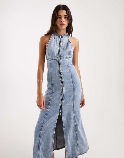 Armani Exchange - Robe longue sculptante en jean à fermeture éclair - Bleu, 2 de 4