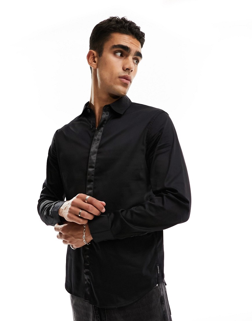 Armani Exchange satin collar long sleeve shirt in black