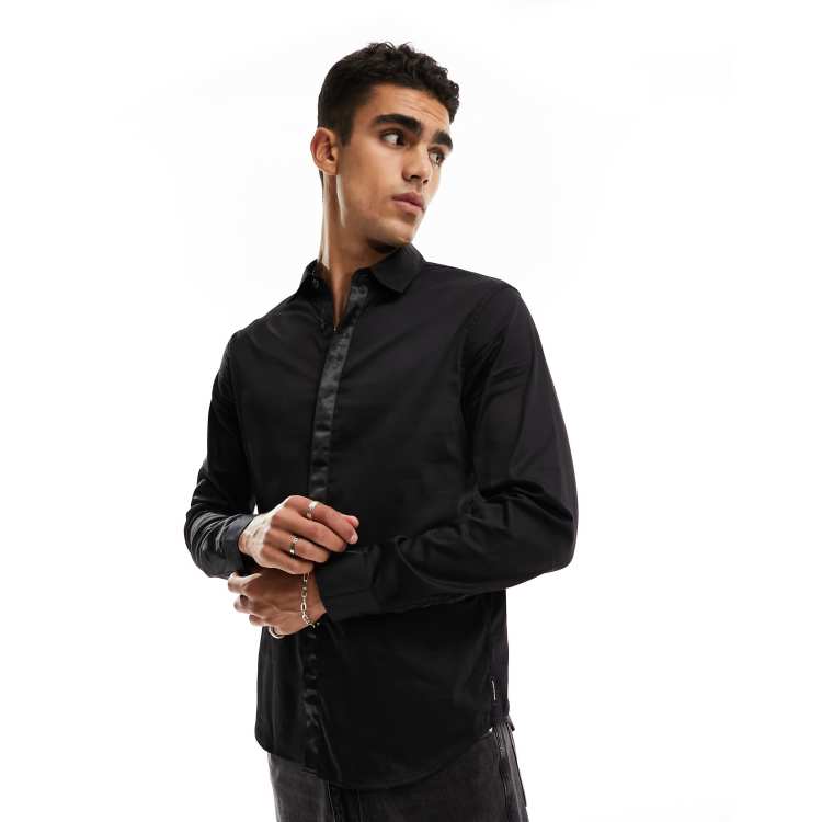 Armani Exchange satin collar long sleeve shirt in black ASOS