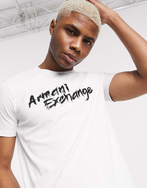 Armani Exchange sequin logo stretch t shirt in white ASOS