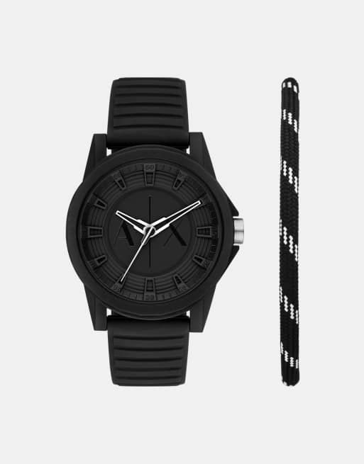Armani Exchange – Set in Schwarz, aus Silikon-Uhr mit drei Zeigern und Armband