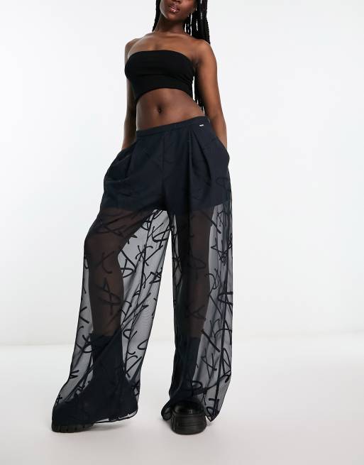 Armani Exchange sheer wide leg pants in black | ASOS