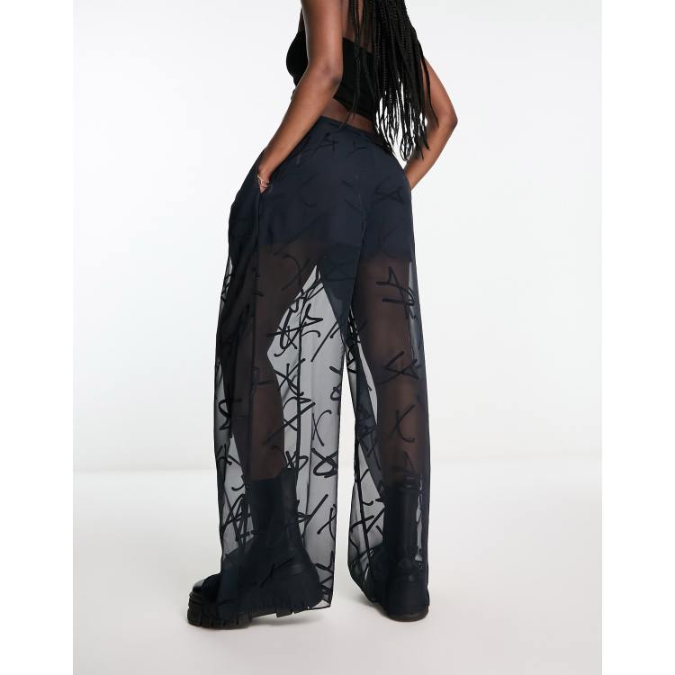 Cheap Black Lace Mesh Transparent Pants Women Fashion Baggy