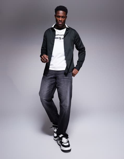 Armani Exchange shirt with contrast stripe collar in black - view 1