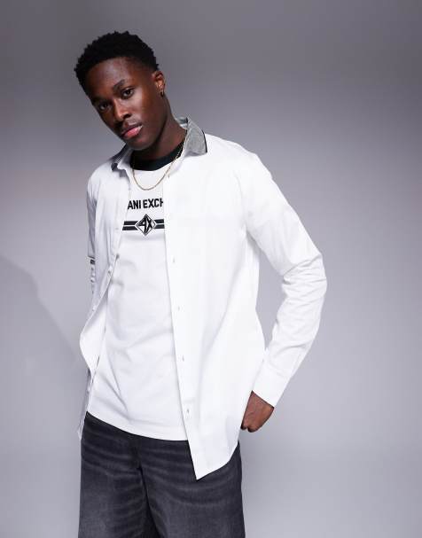 Armani Exchange shirt with contrast stripe collar in white - view 1