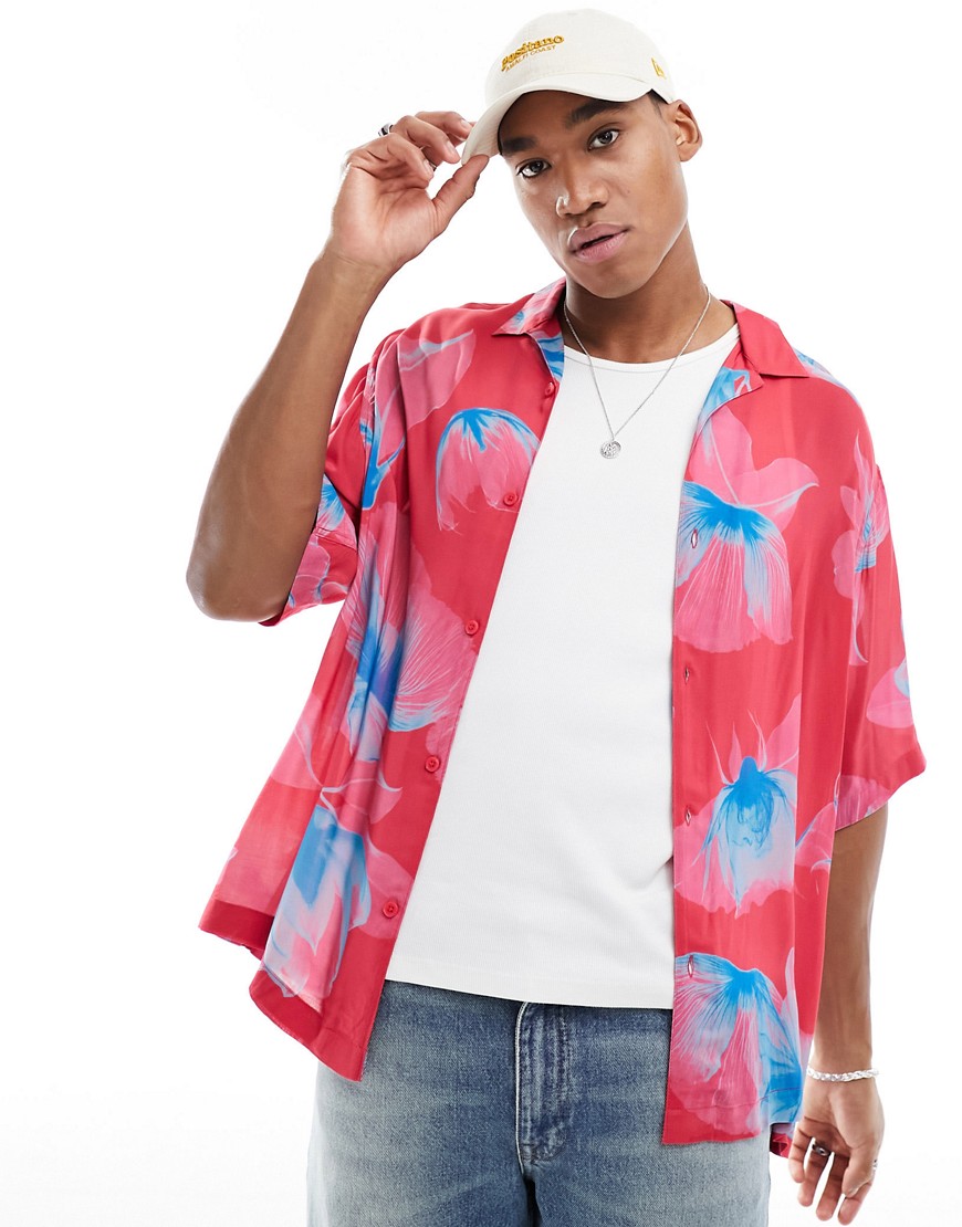 Armani Exchange short sleeve flower print boxy fit shirt in pink