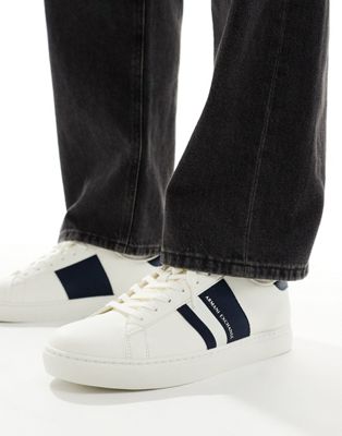 Armani Exchange side stripe logo trainers in white/navy