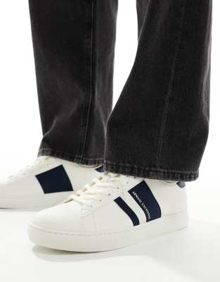 Armani Exchange Armani Exchange side stripe logo trainers in white/navy