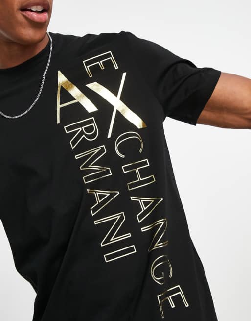 Armani Exchange side vertical logo print T-shirt in black & gold