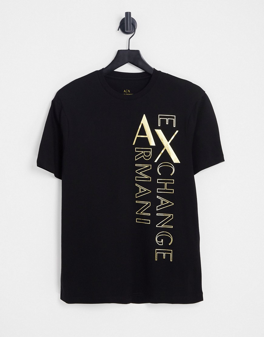 Armani Exchange Side Vertical Logo Print T-Shirt In Black & Gold
