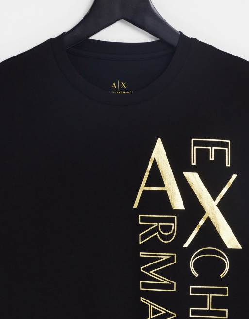 Armani Exchange side vertical logo print t shirt in black gold