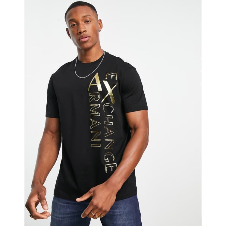 Armani Exchange side vertical logo print t shirt in black gold