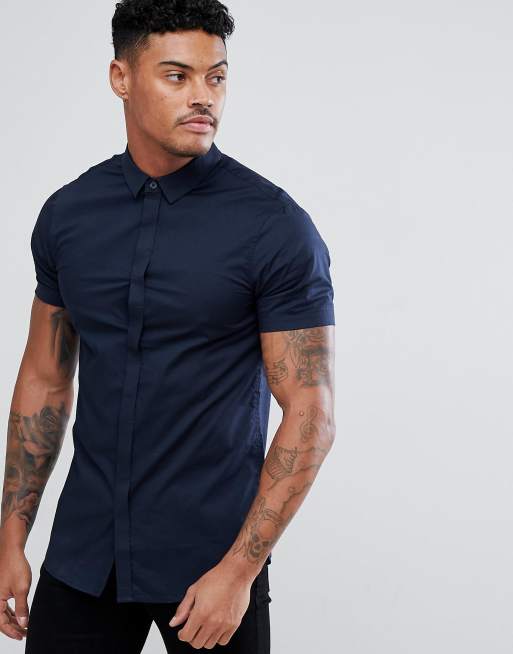 Armani Exchange slim fit cotton stretch short sleeve shirt in navy | ASOS