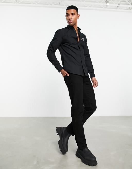 ★光沢感★ ARMANI EXCHANGE デニム レザーパッチ ロゴボタン 黒 199999-958.jpg