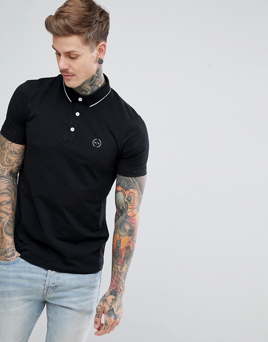 Armani Exchange slim fit tipped collar logo polo in black