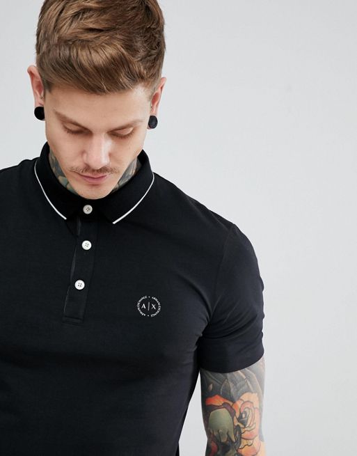 Armani Exchange slim fit tipped collar logo polo in black | ASOS