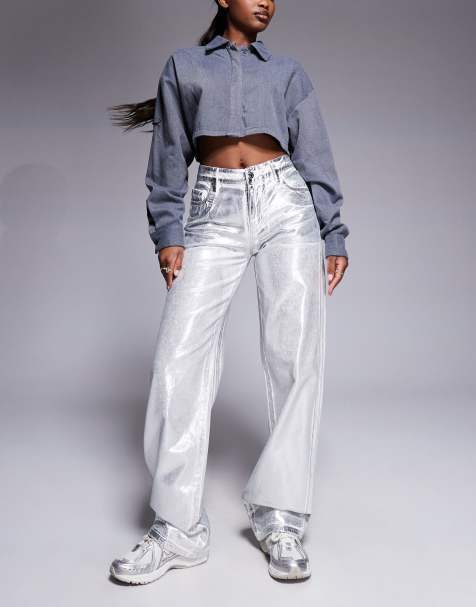 Armani Exchange - Sølvfarvede og belagte jeans med metallisk finish og lige ben - view 1