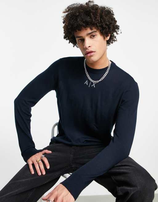 Armani Exchange small chest logo knitted sweater in navy ASOS