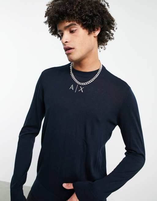 Armani Exchange small chest logo knitted sweater in navy ASOS