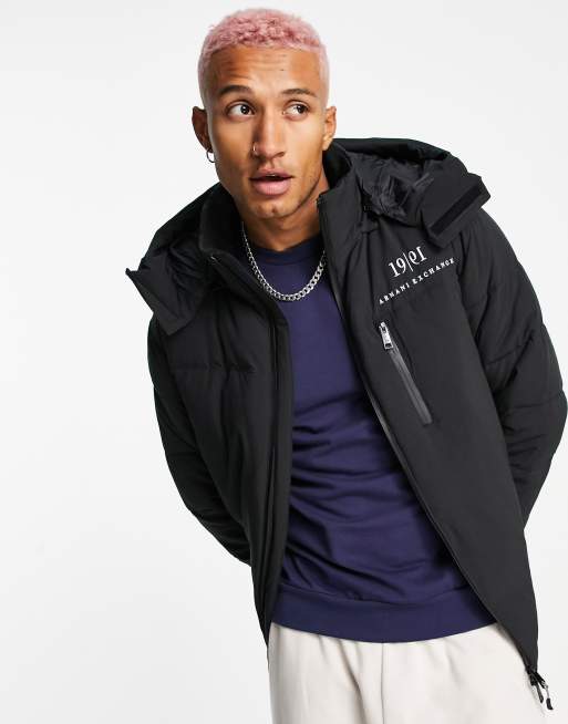 Armani Exchange small text logo puffer jacket in black | ASOS