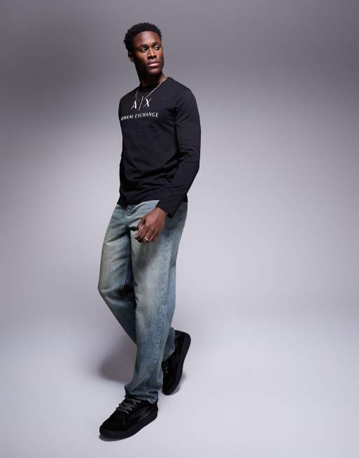 Armani Exchange - Sort langærmet t-shirt med logo på brystet i Slim Fit, 4 af 4