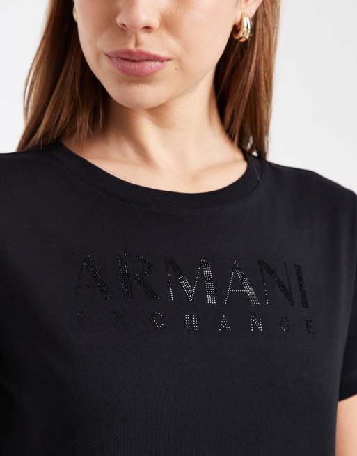 Armani Exchange - Sort T-shirt med rhinstenslogo, 2 af 4