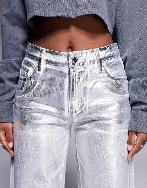 Armani Exchange – Srebrne metaliczne jeansy powlekane z prostymi nogawkami, 5 z 5