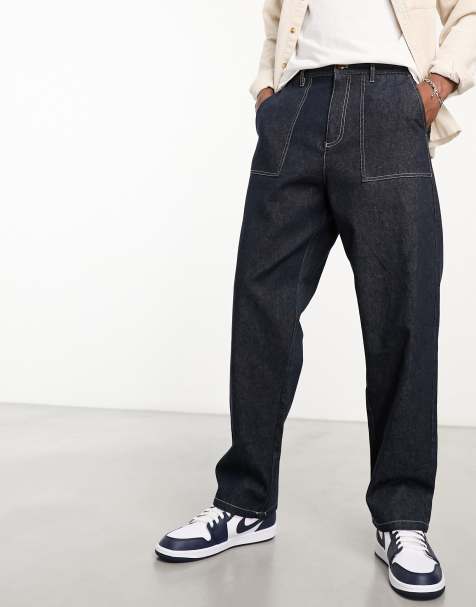 HUGO - Relaxed-fit jeans in blue rigid denim