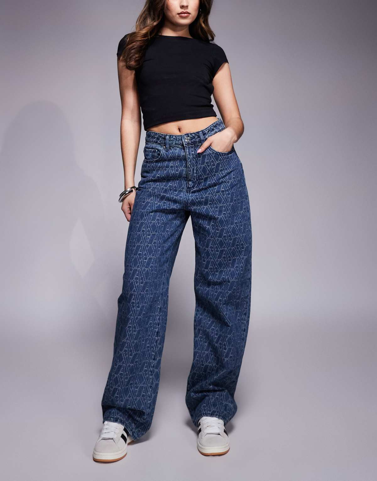 Armani Exchange straight leg monogram jeans in mid blue