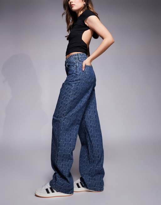 Armani Exchange straight leg monogram jeans in mid blue | ASOS