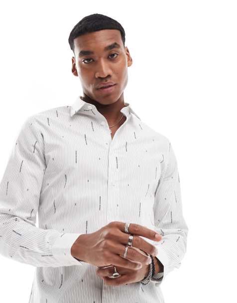 Armani Exchange striped logo printed long sleeve shirt in white - view 1