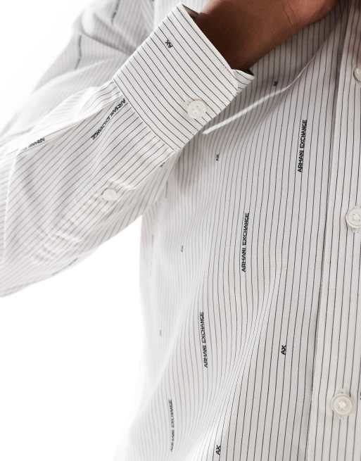 Armani Exchange striped logo printed long sleeve shirt in white | ASOS