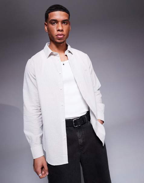 Armani Exchange striped logo shirt in white and beige