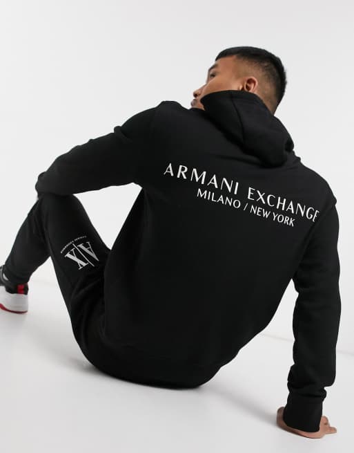 Armani Exchange – Svart huvtröja i frotté med logga och tryck baktill