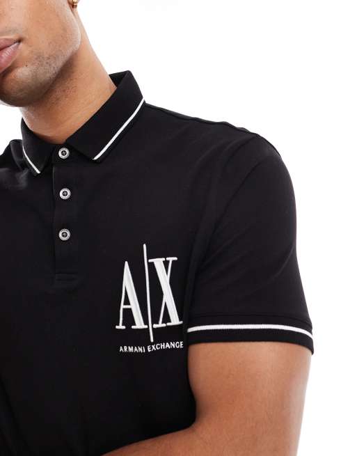 Armani Exchange – Svart pikétröja med kontrastränder och logga framtill, 3 av 4