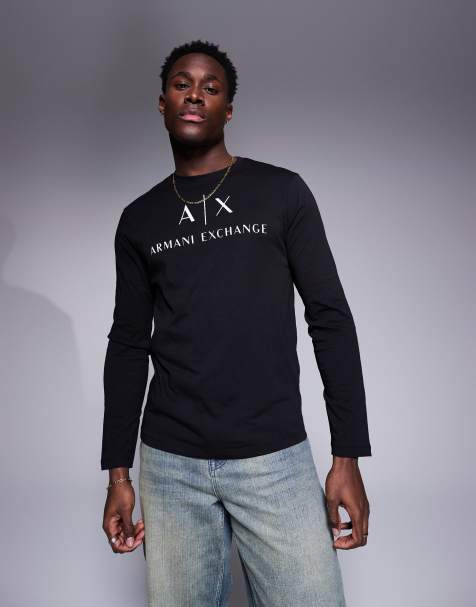 Armani Exchange – Svart t-shirt med långa ärmar, smal passform och logga på bröstet - view 1