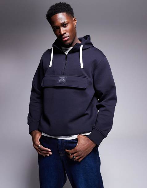 Armani Exchange - Sweat à capuche avec logo au centre - Bleu marine - view 1