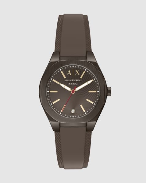 Armani Exchange Sync three-hand brown silicone watch in brown - view 1