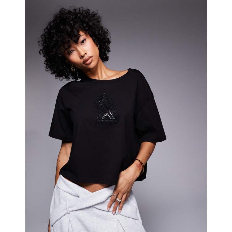 Armani Exchange T shirt crop top a logo ornemente Noir ASOS