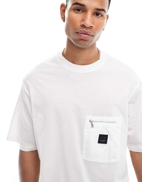 Armani Exchange - T-shirt in gebroken wit met borstzakje met ritssluiting - view 1