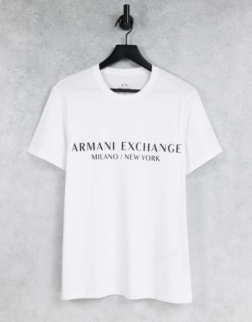 Armani Exchange – T-Shirt in Weiß mit City- und Logo-Schriftzug